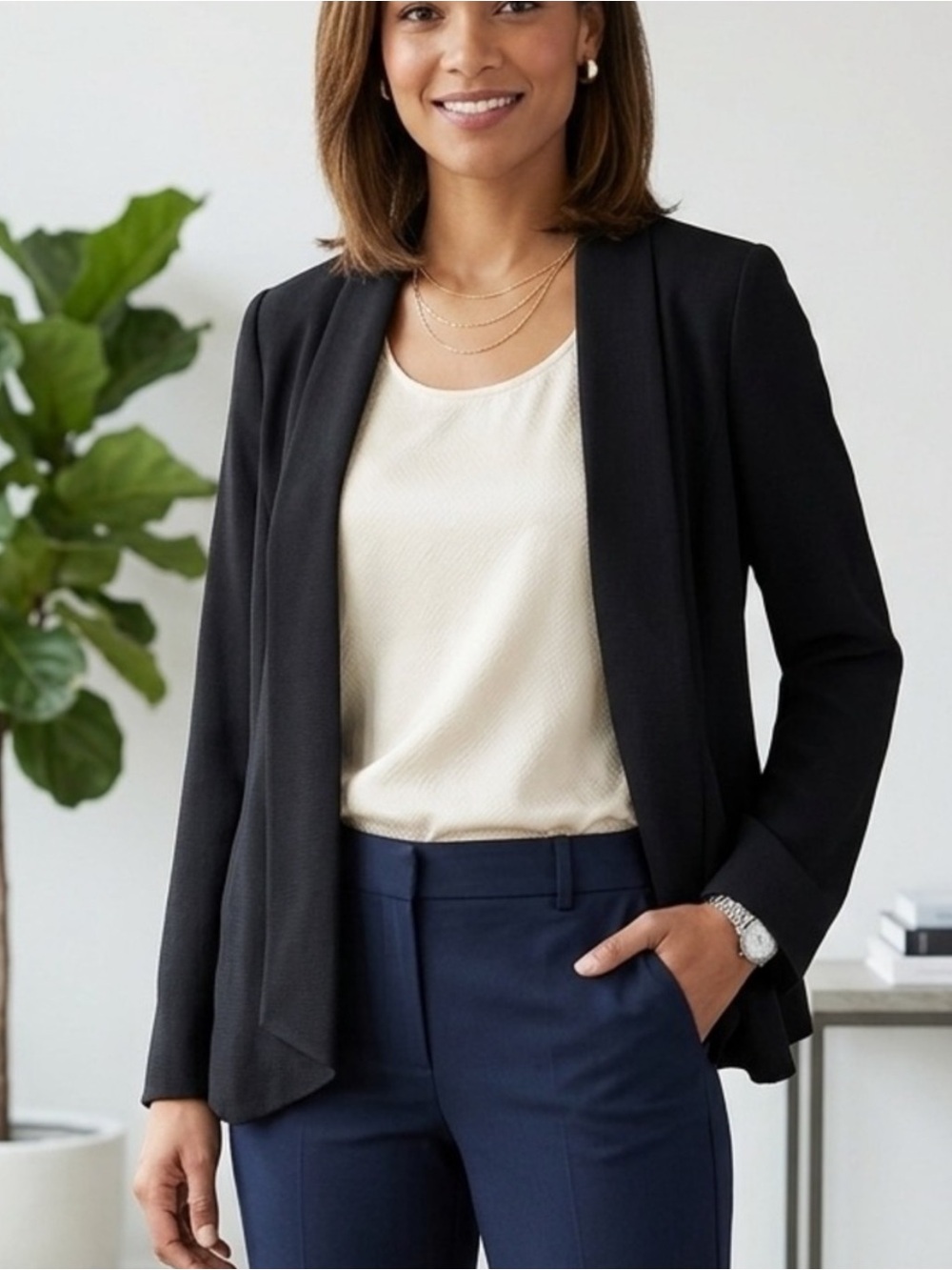 EILEEN FISHER Classic Black Blazer Office Work Open Front Lined Women’s XS